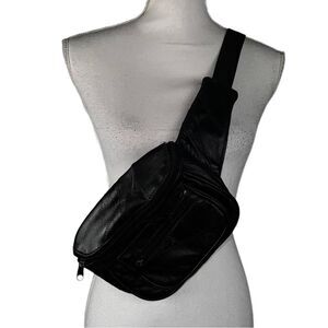 Large Black Faux Leather Fanny Pack Waist Bag Adjustable Travel Vacation